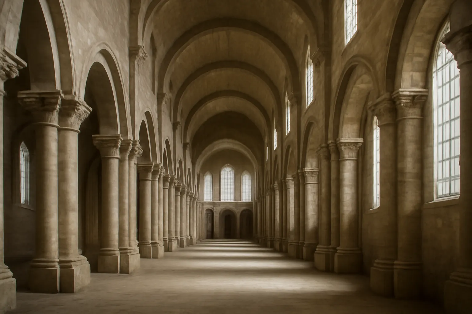Nef d'une église abbatiale romane cistercienne éclairée par une lumière douce filtrée à travers des vitraux en grisaille