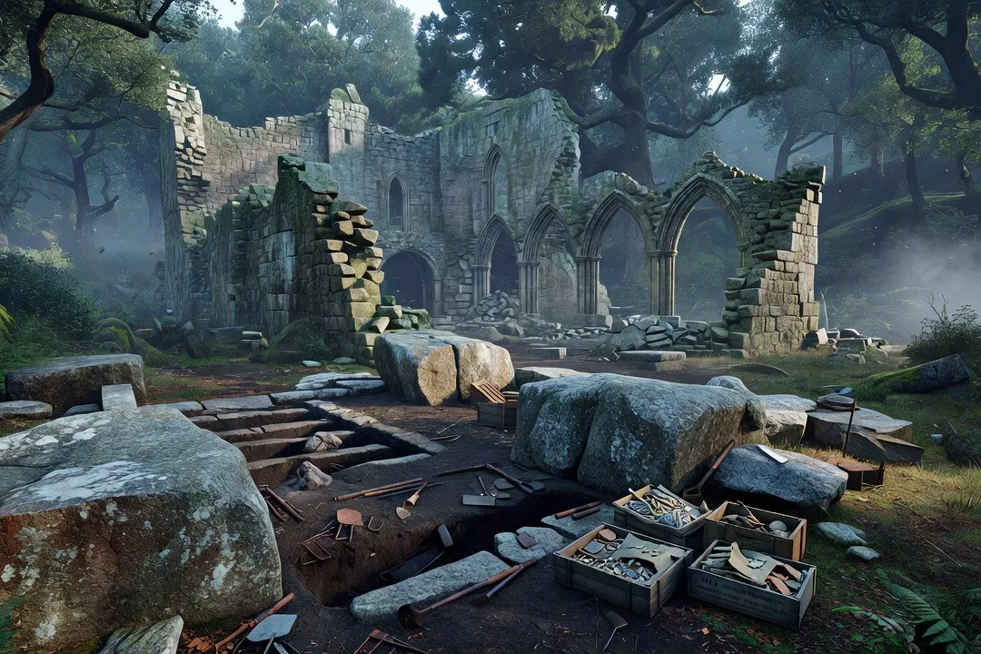 Ruines de pierre d'un ancien monastère médiéval dans une vallée boisée, site archéologique avec blocs de granit érodés