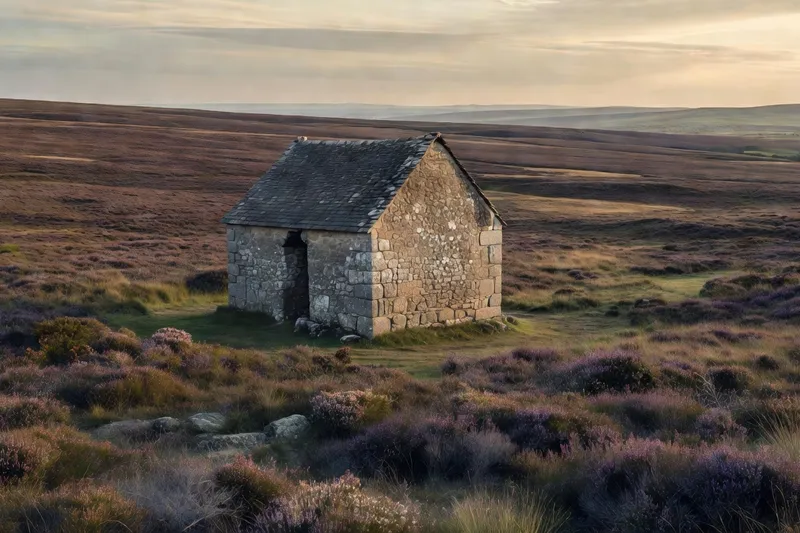 Chapelle isolée en pierre au milieu de la lande de bruyère du massif des Monédières