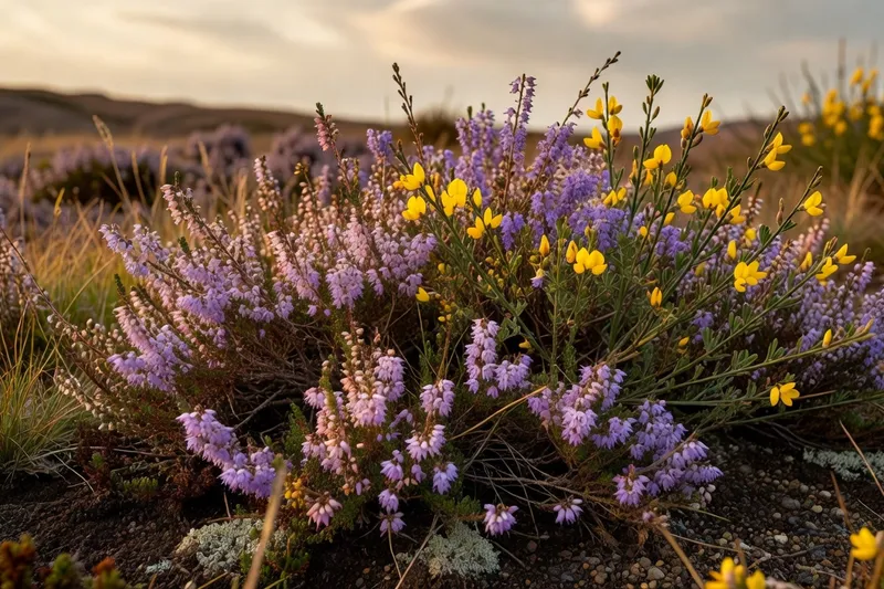 Gros plan sur la flore d'altitude des Monédières : bruyère, genêts et callune sous une lumière douce