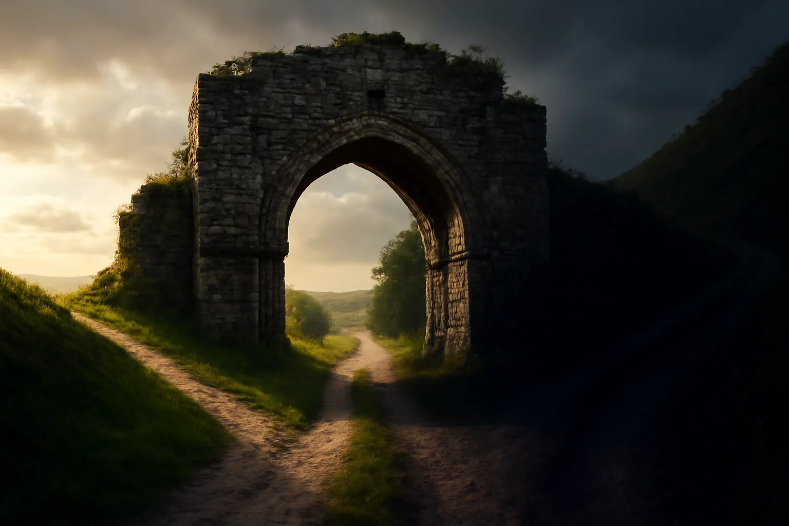 Ruines d'une porte de ville en pierre ancienne avec deux chemins contrastés, l'un vers la lumière, l'autre vers l'ombre