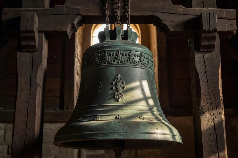 Détail d'une cloche ancienne en bronze portant sa date et son inscription de fonderie, suspendue dans un beffroi de bois