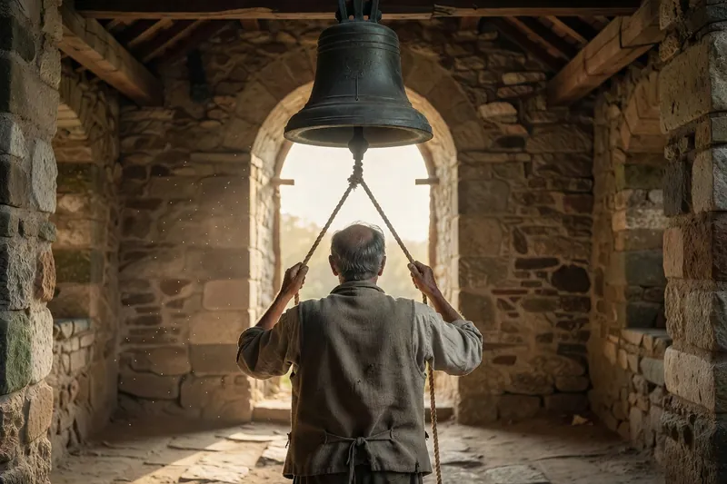 Sonneur de cloches campagnard tirant la corde d'une grosse cloche de bronze dans un beffroi de pierre baigné de lumière