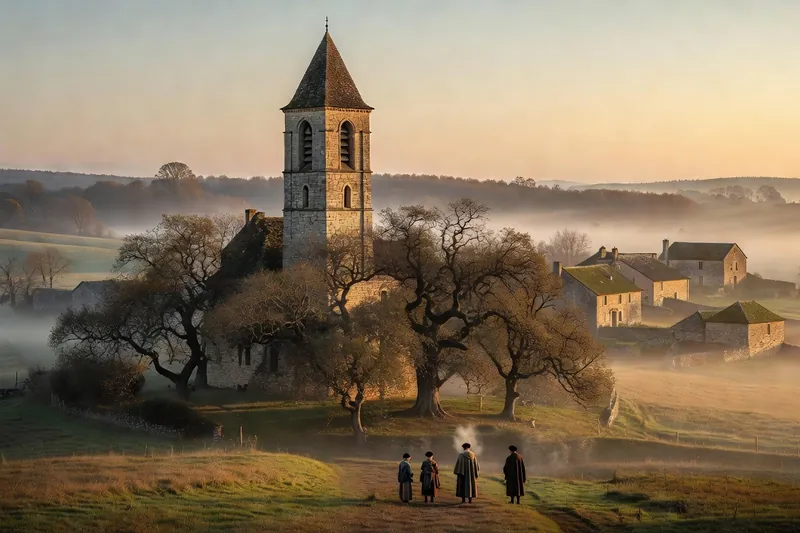 Paysage du plateau corrézien à l'aube avec un village dominé par son clocher roman, brume sur les champs et les châtaigneraies