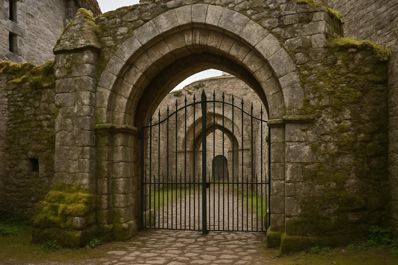 Porte ancienne en pierre d'une commanderie hospitalière de Corrèze, avec son arc en plein cintre