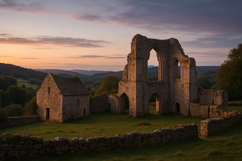Paysage corrézien au crépuscule avec les vestiges d'une commanderie et les collines du Limousin à l'horizon