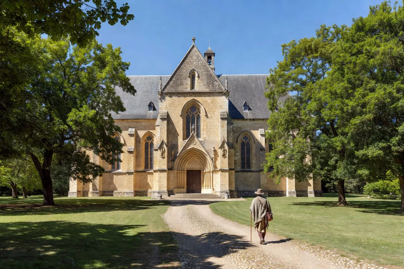 Façade de l'abbaye cistercienne d'Aubazine en Corrèze avec un pèlerin en approche