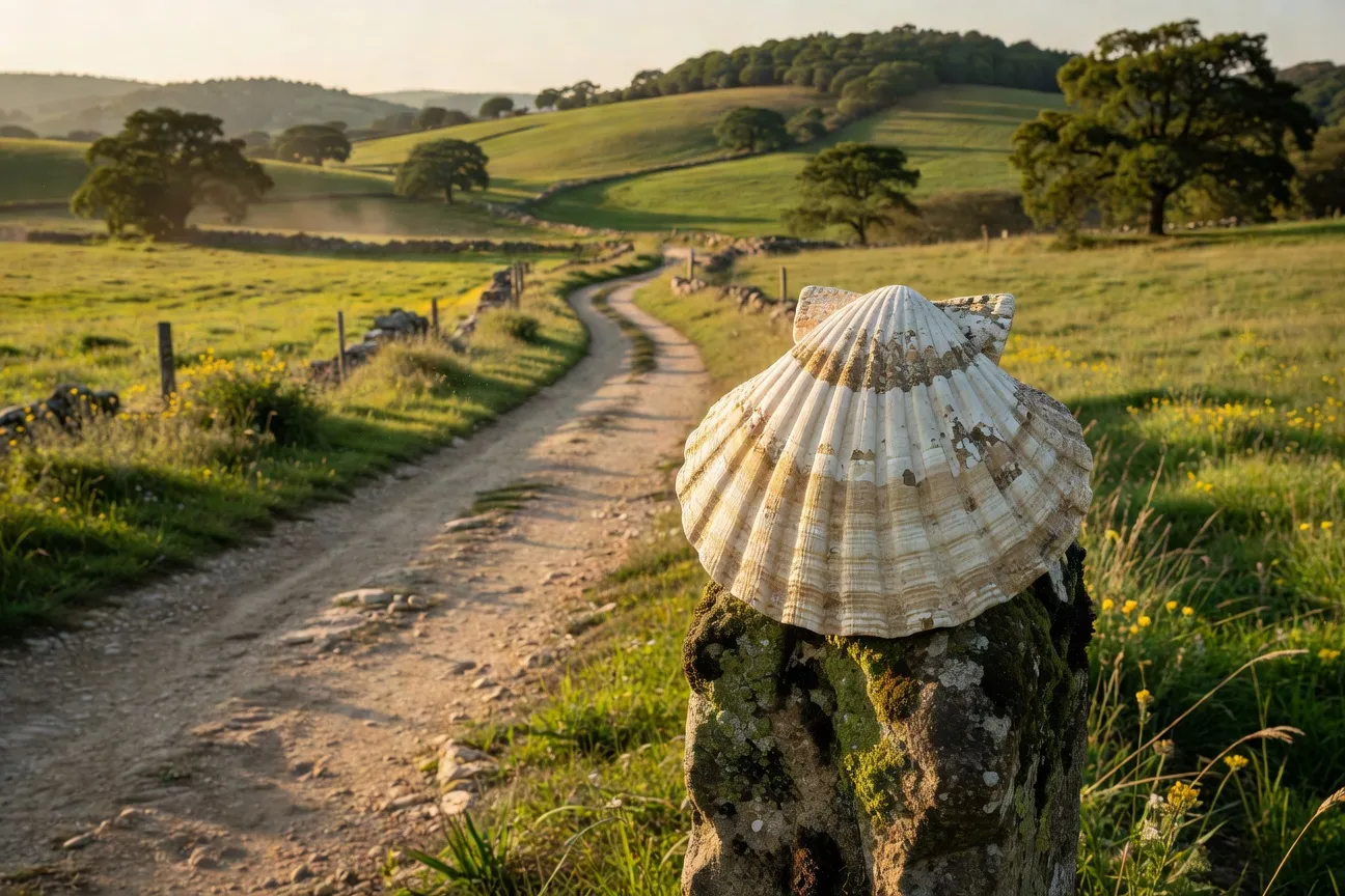Coquille Saint-Jacques sur un poteau indicateur de sentier corrézien