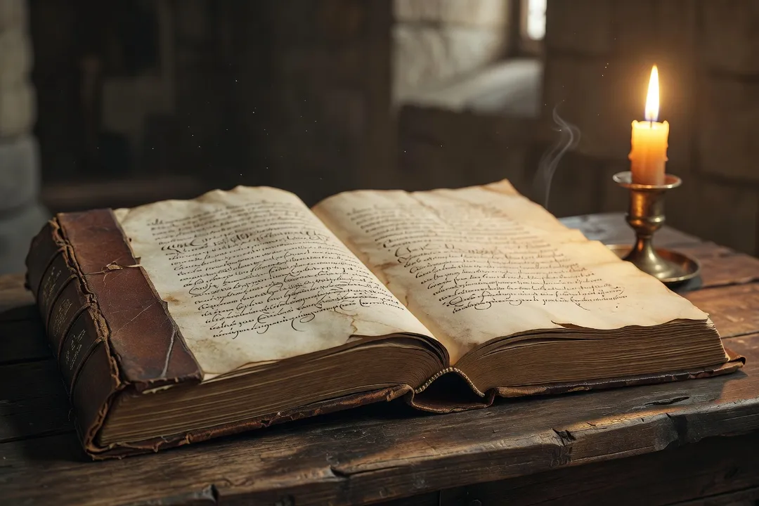 Livre ancien relié en cuir ouvert sur un bureau monastique en bois à côté d'une bougie allumée