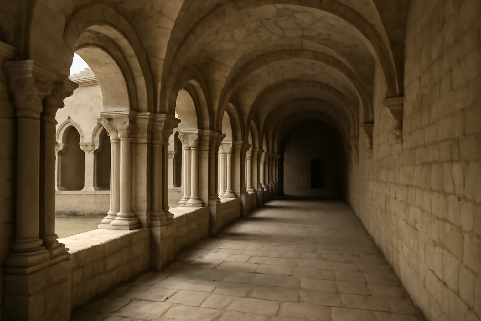 Cloître en pierre d'un monastère médiéval avec des colonnes en arcade baignées de lumière naturelle
