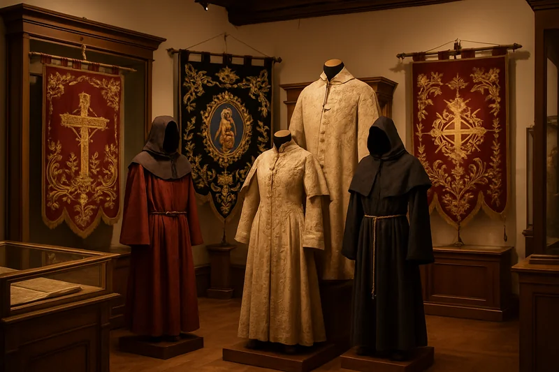Bannières brodées et costumes de confrérie exposés dans le cadre d'une exposition patrimoniale limousine