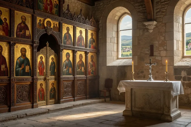Iconostase orthodoxe et autel catholique côte à côte, symbolisant le dialogue entre les deux traditions