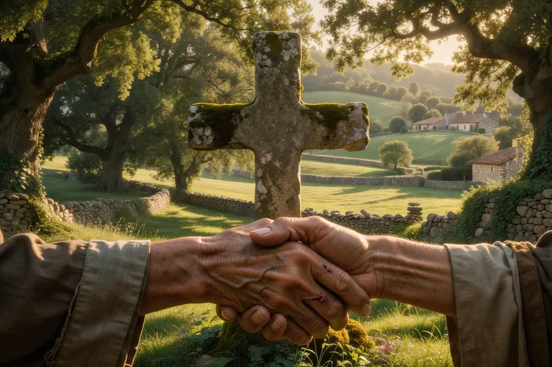 Deux mains se serrant devant une croix, symbole de la fraternité entre catholiques et orthodoxes
