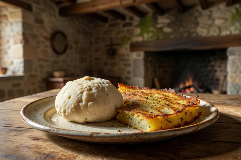 Plat traditionnel corrézien de mique et farcidure servi en gros plan
