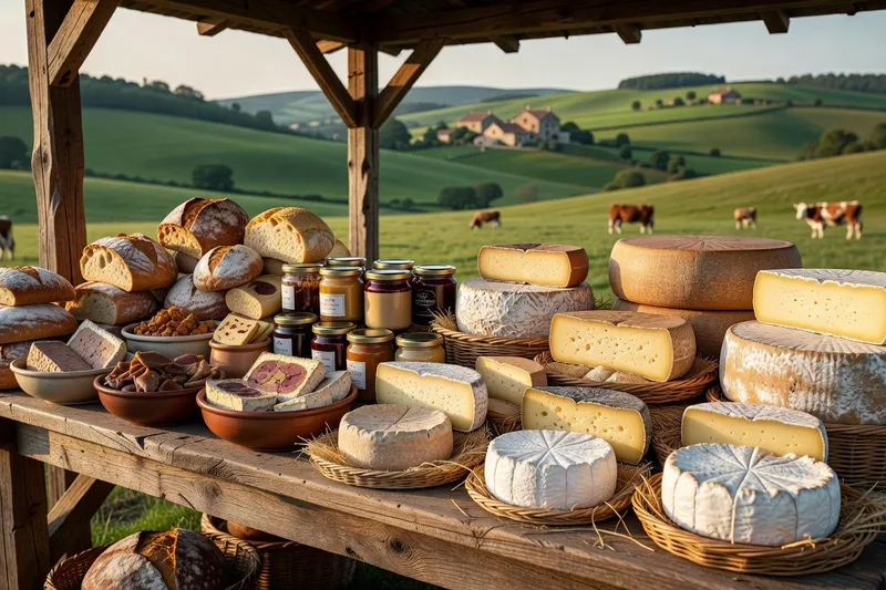 Étal de marché de producteurs avec spécialités et fromages du Limousin