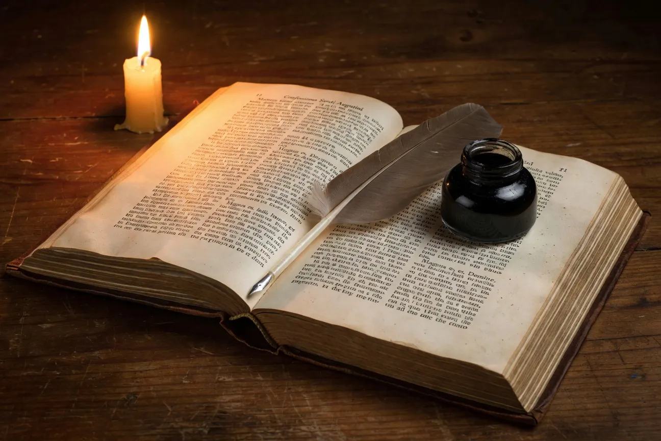 Édition ancienne des Confessions de saint Augustin ouverte sur un texte latin enluminé