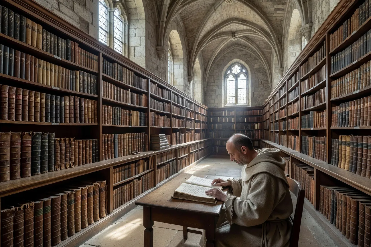 Bibliothèque monastique cistercienne avec un moine lisant à un bureau, lumière naturelle filtrée