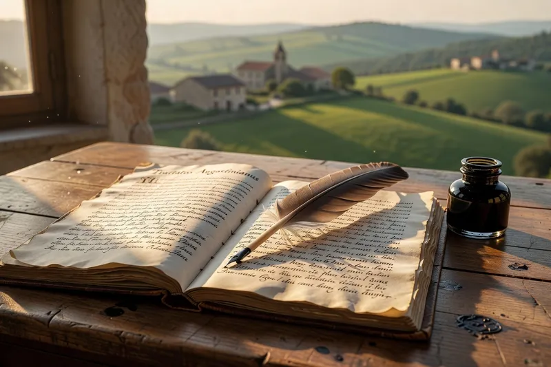 Détail d'un traité augustinien manuscrit avec plume et encrier sur une table de bois