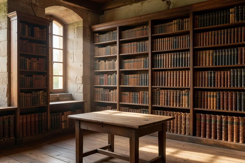 Bibliothèque de théologie avec ouvrages reliés anciens, image de l'étude augustinienne