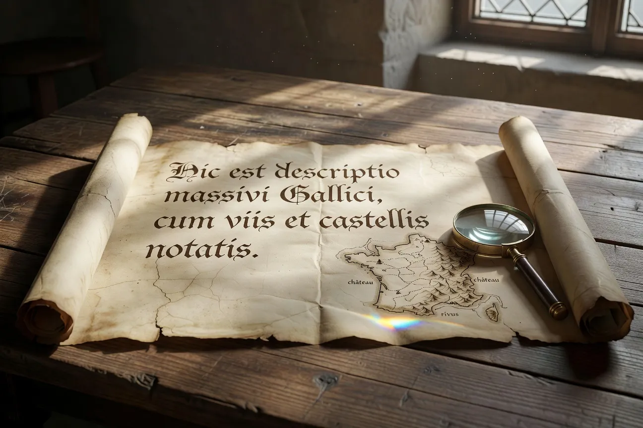 Parchemin médiéval ouvert sur une table, montrant un texte latin avec une carte du massif