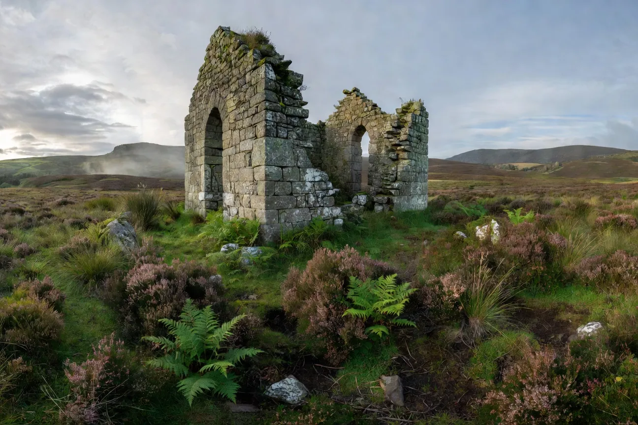 Ruine d'une chapelle médiévale dans une lande de bruyère des Monédières