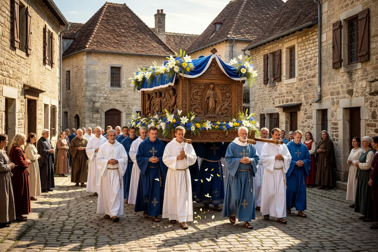 Confrérie en robes blanches et bleues portant un char décoré dans une rue médiévale