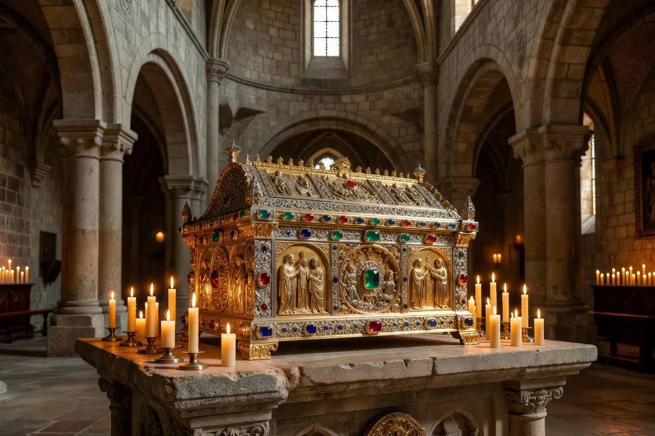 Reliquaire médiéval doré dans une église romane du Limousin, entouré de cierges