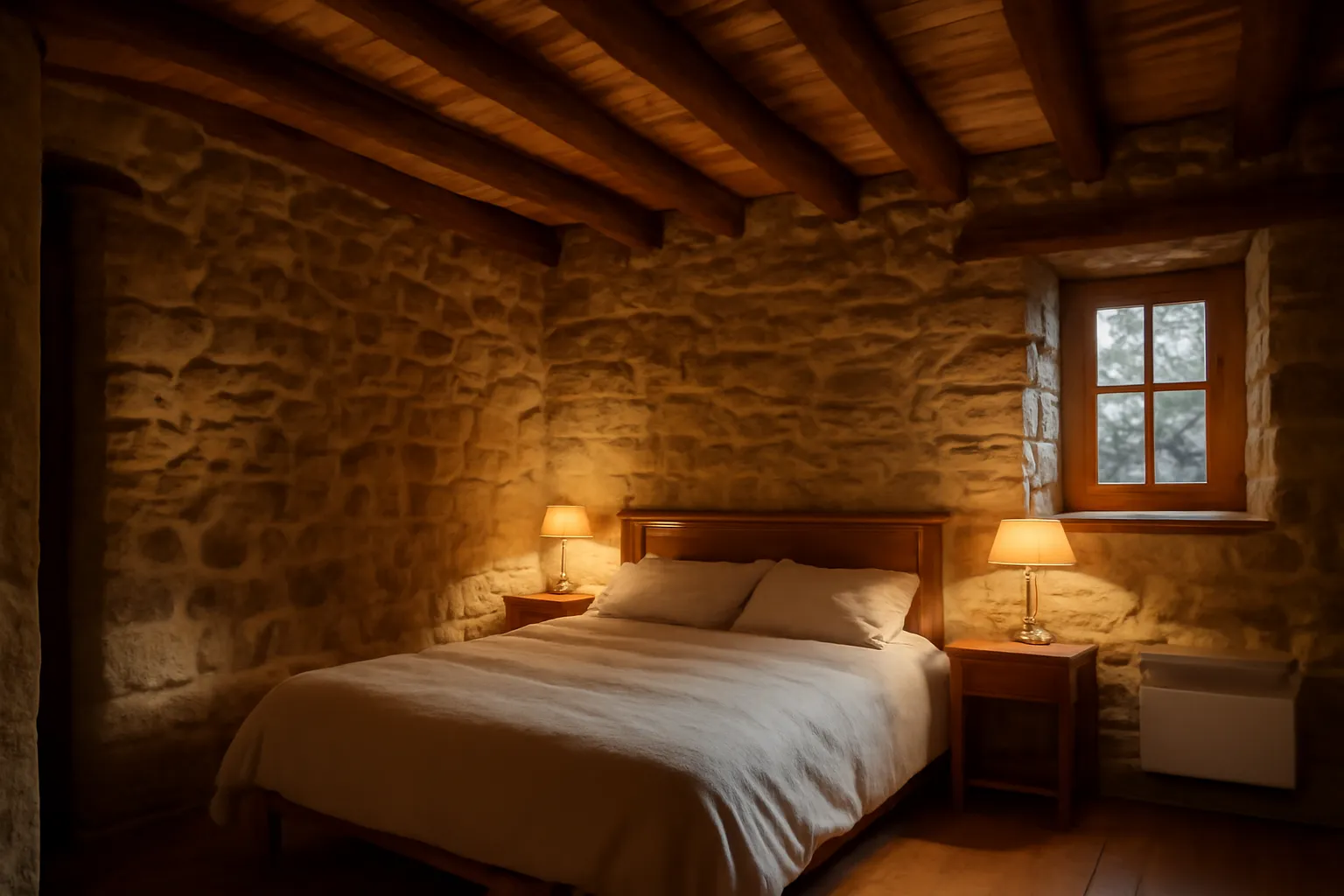 Chambre rustique avec murs en pierre de granit apparente et poutres en bois dans un gîte de campagne en Corrèze