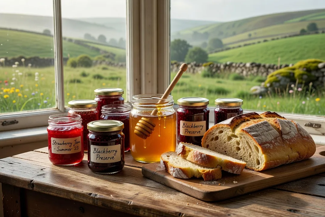 Table de petit-déjeuner avec confitures maison, pot de miel et pain frais près d'une fenêtre donnant sur la campagne