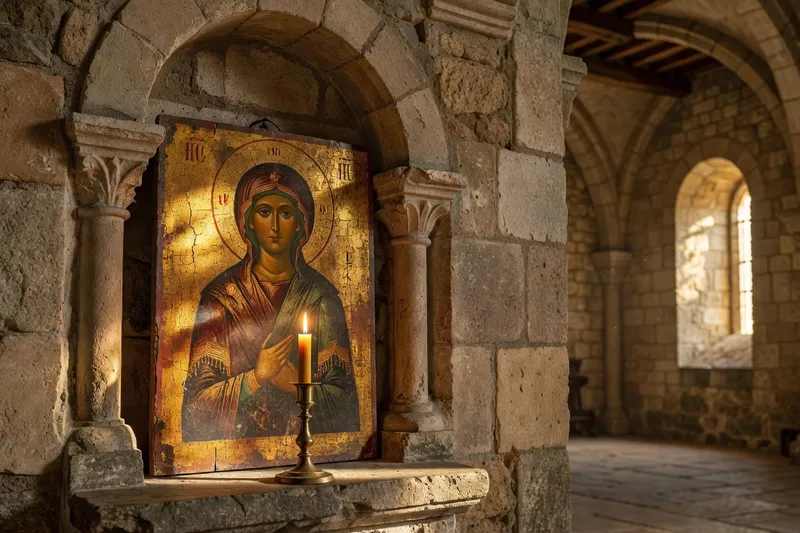 Cierge allumé devant une icône dans une église romane, image de la prière augustinienne