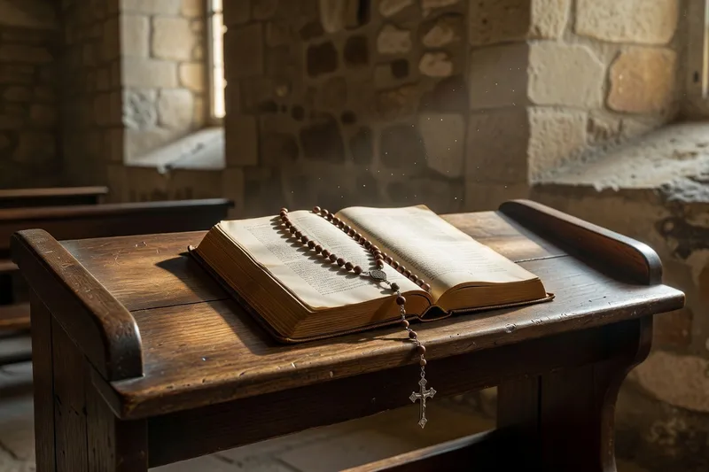 Bible ouverte et chapelet posés sur un prie-Dieu en bois dans une chapelle