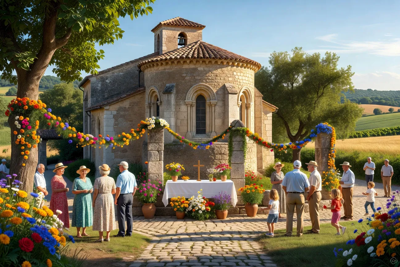 Petite fête patronale devant l'église romane d'un village corrézien, paroissiens réunis après la messe