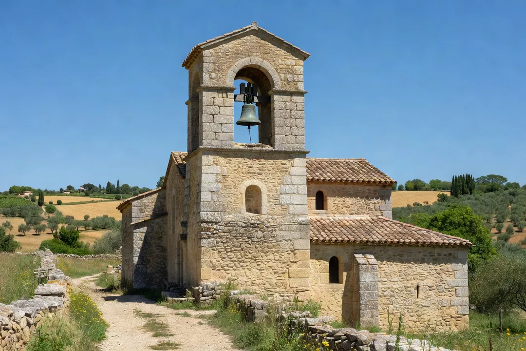 Petit clocher d'église en pierre dans un village rural de France sous un ciel bleu
