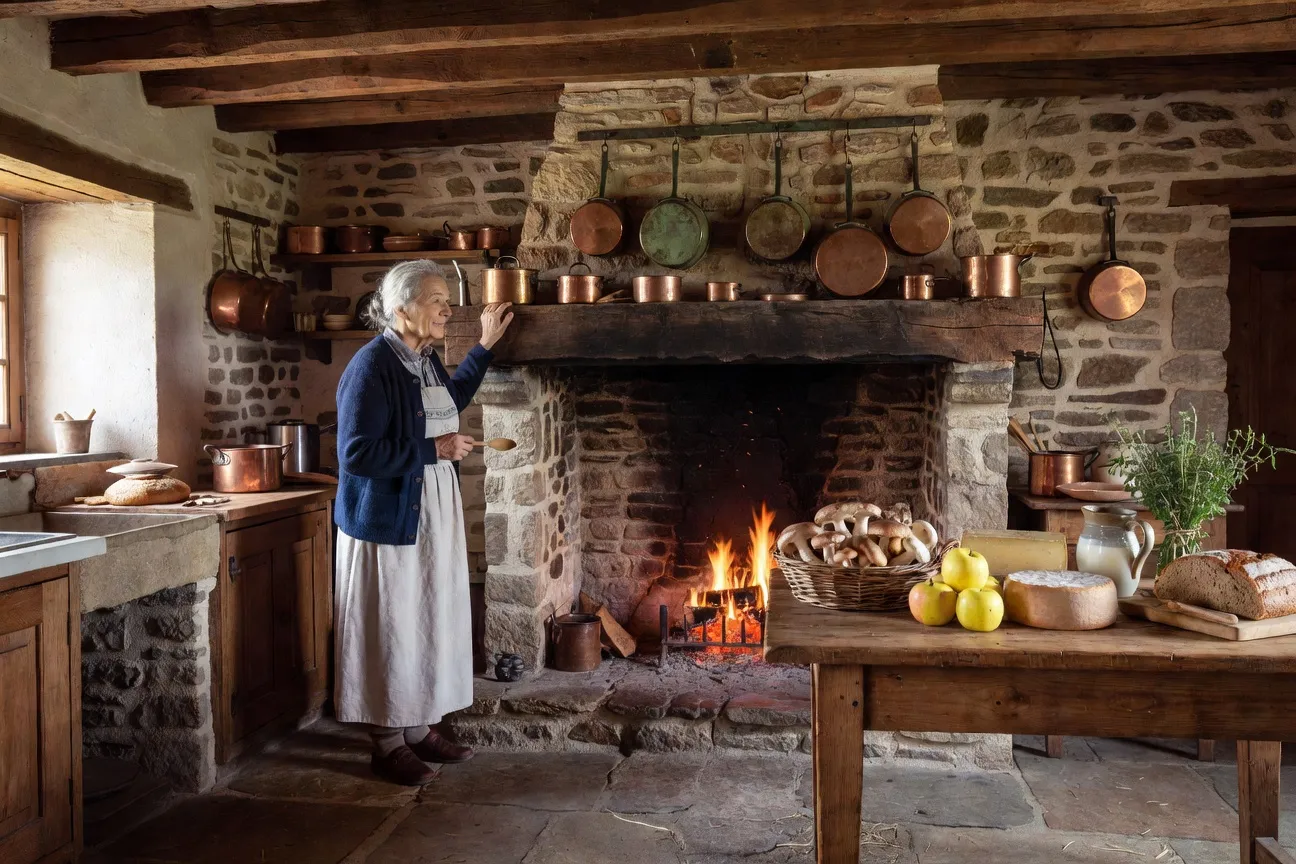 Cuisine en pierre d'une ferme corrézienne avec une femme âgée près de la cheminée