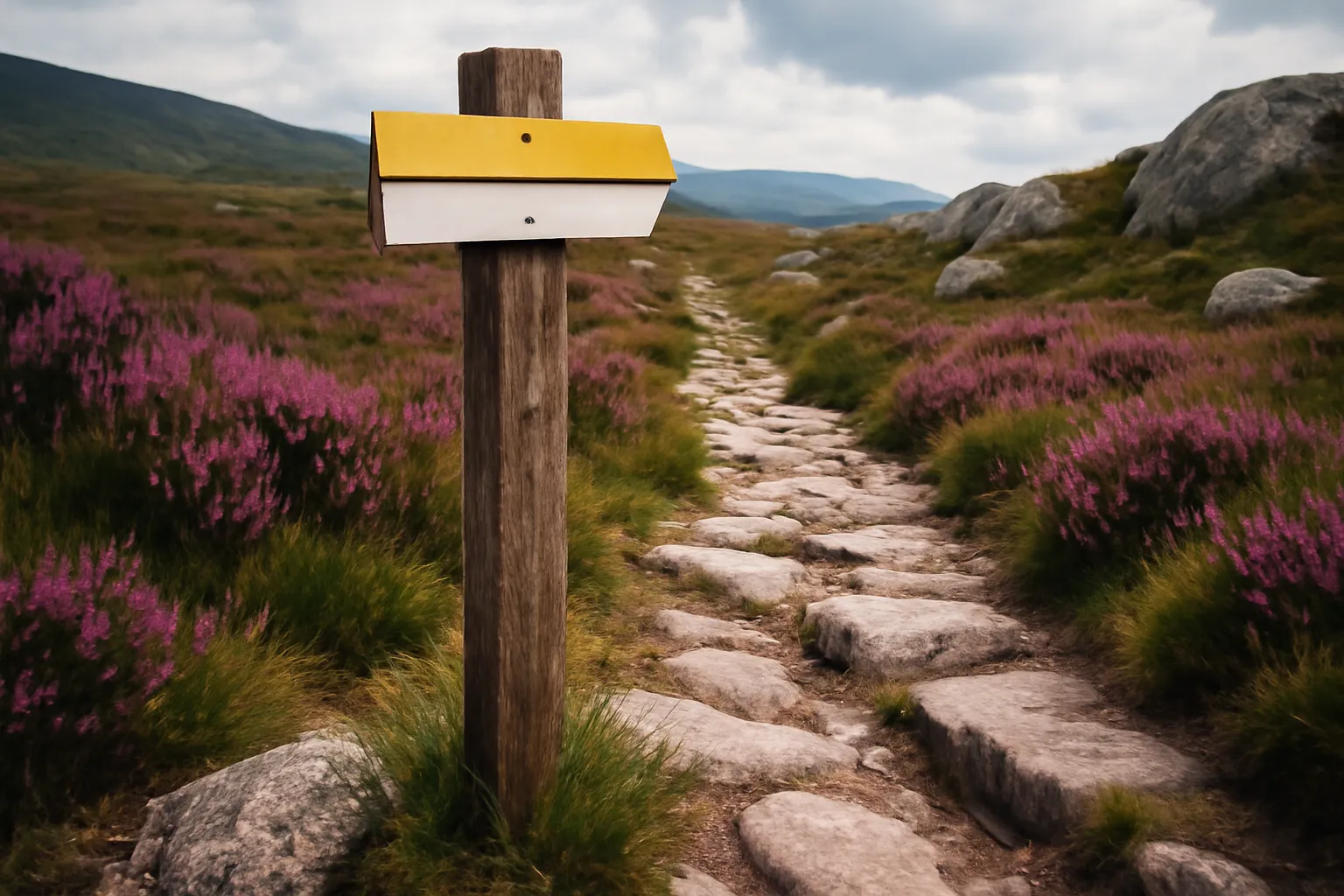 Poteau signalétique de randonnée sur un sentier de crête granitique dans une lande de bruyère