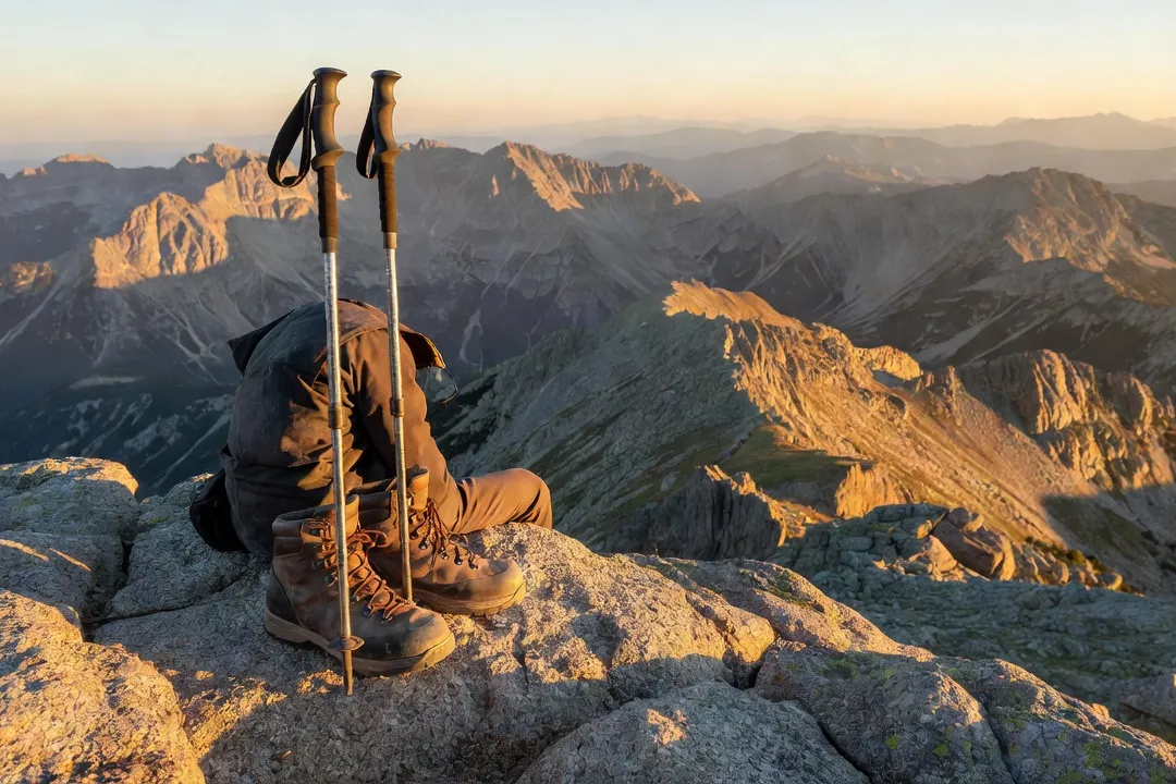 Chaussures de randonnée et bâtons de marche posés sur un rocher granitique surplombant la chaîne de montagnes au coucher du soleil