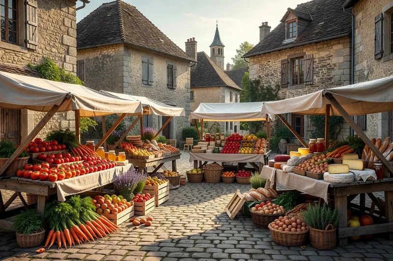 Marché de producteurs sur la place d'un village corrézien des Monédières avec étals de produits du terroir