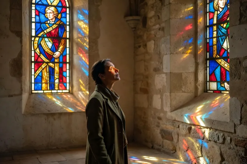 Visiteuse admirant une verrière colorée moderne dans une chapelle rurale corrézienne baignée de lumière naturelle