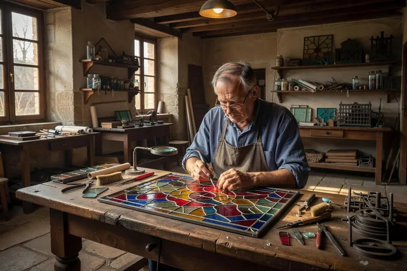 Maître verrier en atelier restaurant un panneau de vitrail au plombs refaits, outils et ébauches de verre coloré sur l'établi