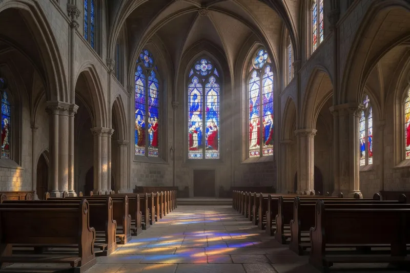 Nef d'église gothique limousine au crépuscule traversée par les teintes bleues et pourpres des vitraux