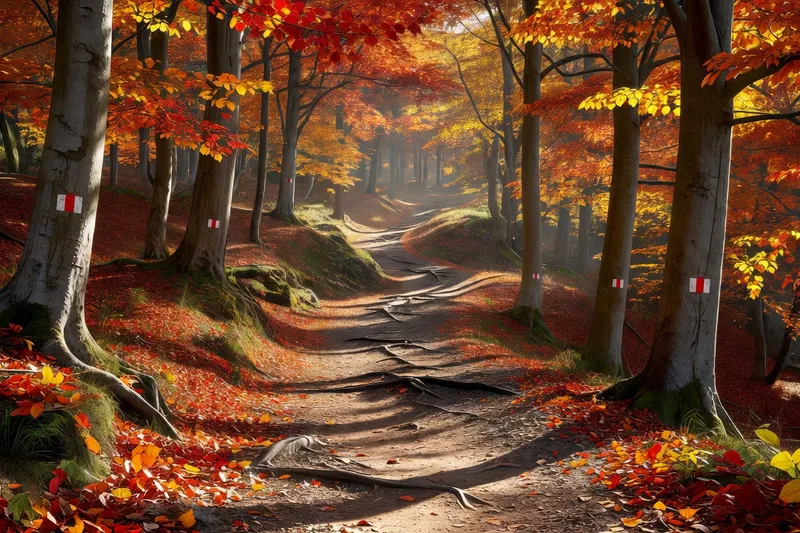 Sentier de randonnée balisé traversant une forêt de hêtres dans le massif des Monédières en Corrèze