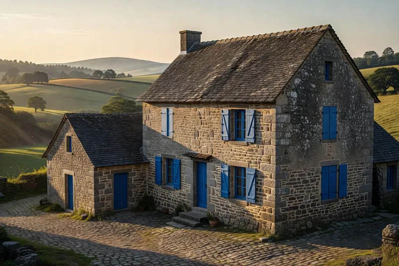Village corrézien en pierre avec gîte rural et volets bleus en fin de journée dans les Monédières