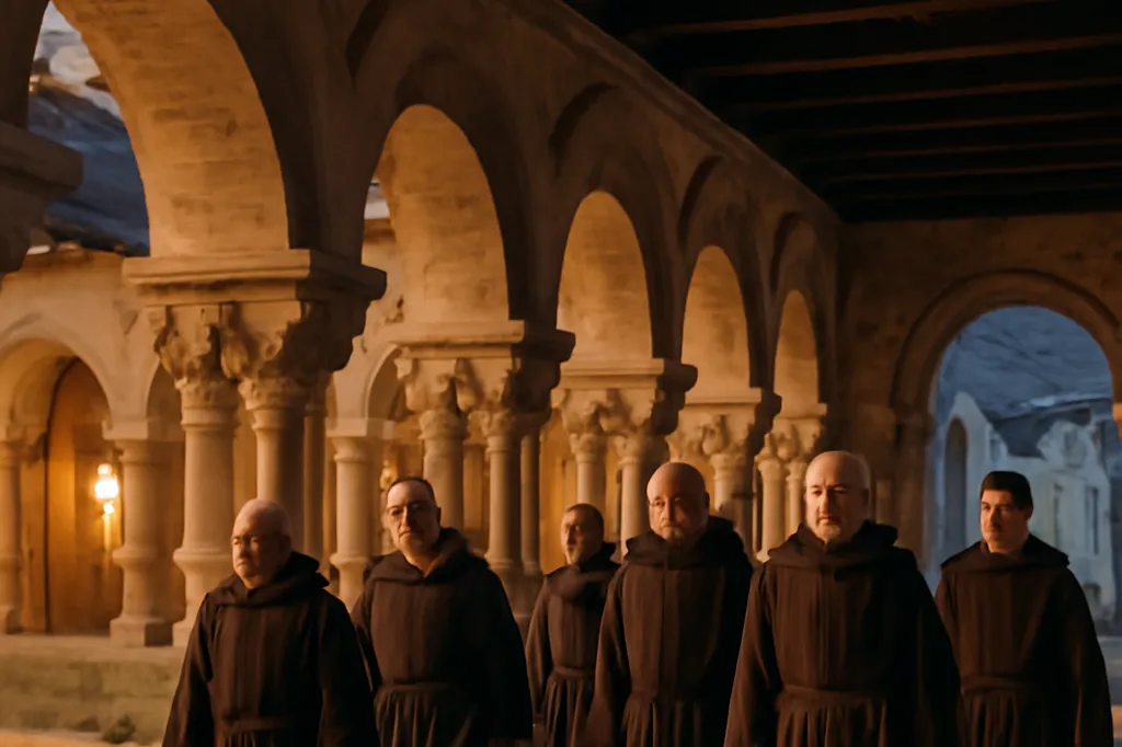 Communauté monastique en habit traditionnel dans le cloître de l'abbaye de Solignac au crépuscule