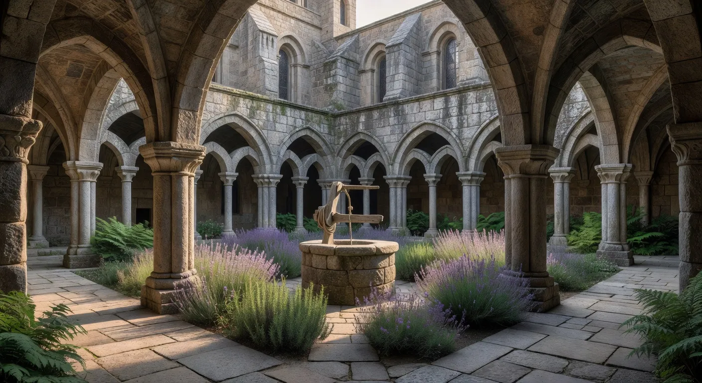 Cloître d'une abbaye médiévale en Corrèze, arches romanes et jardin central