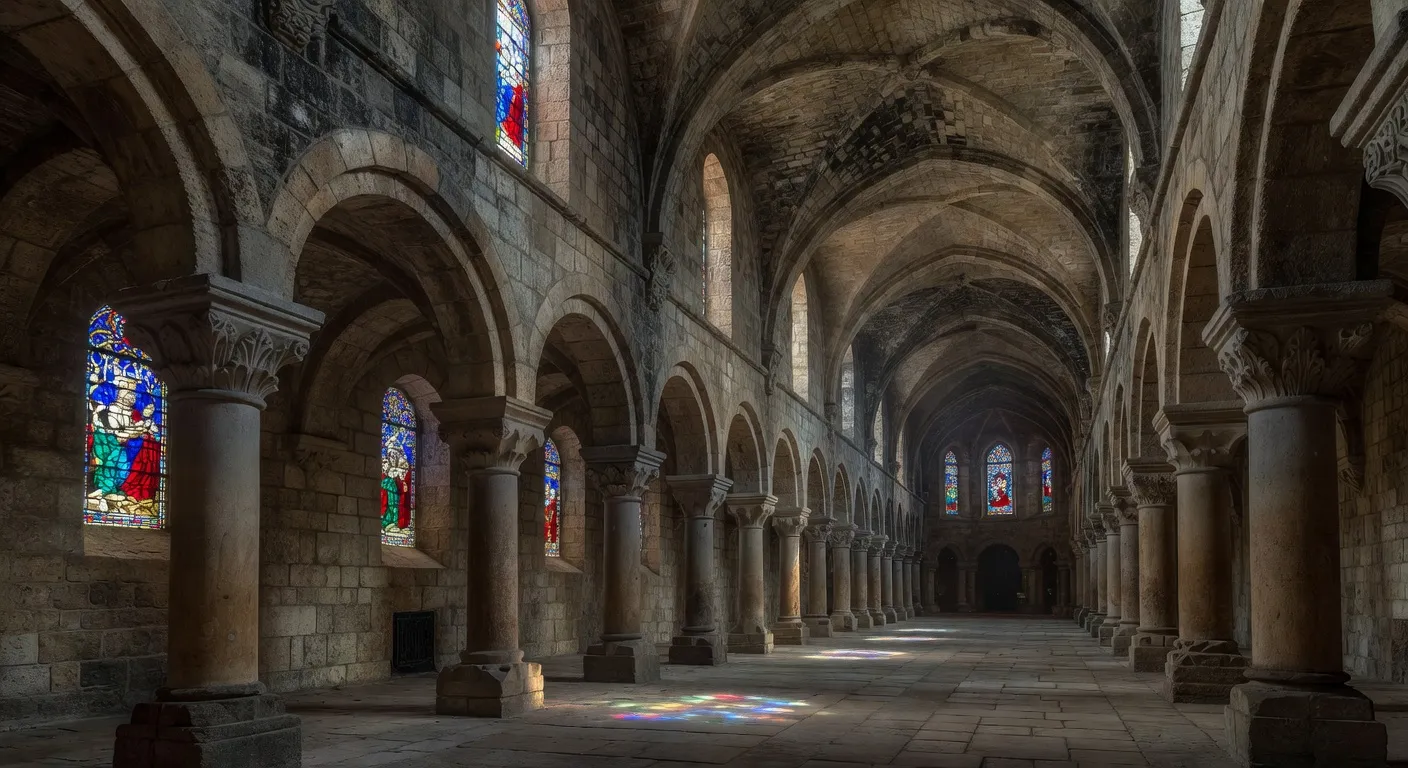 Intérieur d'une abbaye romane du Limousin, nef à colonnades et lumière tamisée
