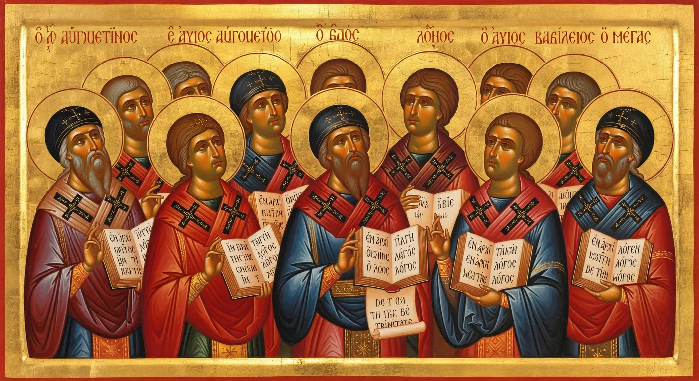 Interieur d'une eglise orthodoxe avec iconostase et fresques byzantines