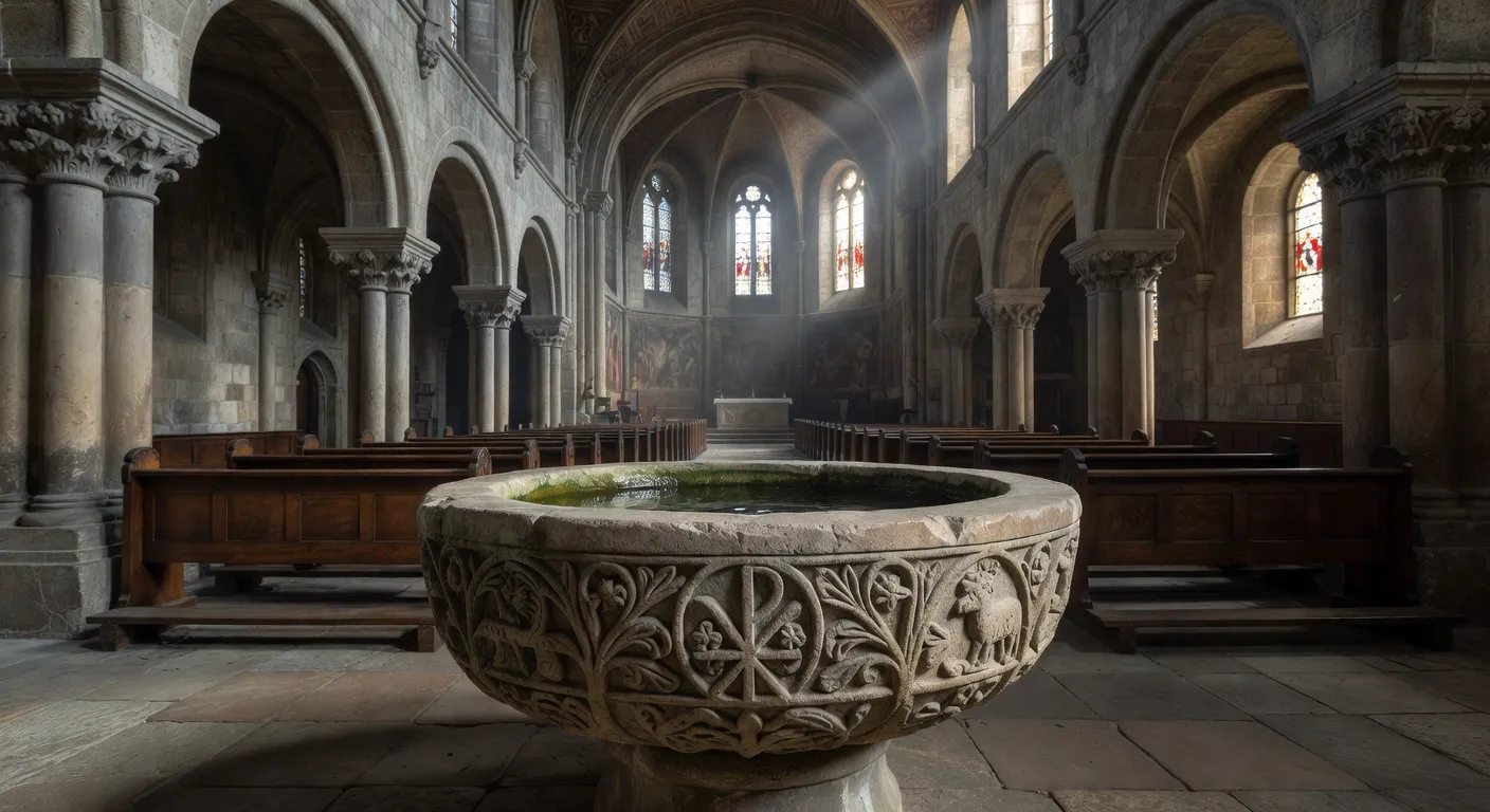 Fonts baptismaux anciens dans une eglise chretienne, evoquant les pratiques du catechumenat