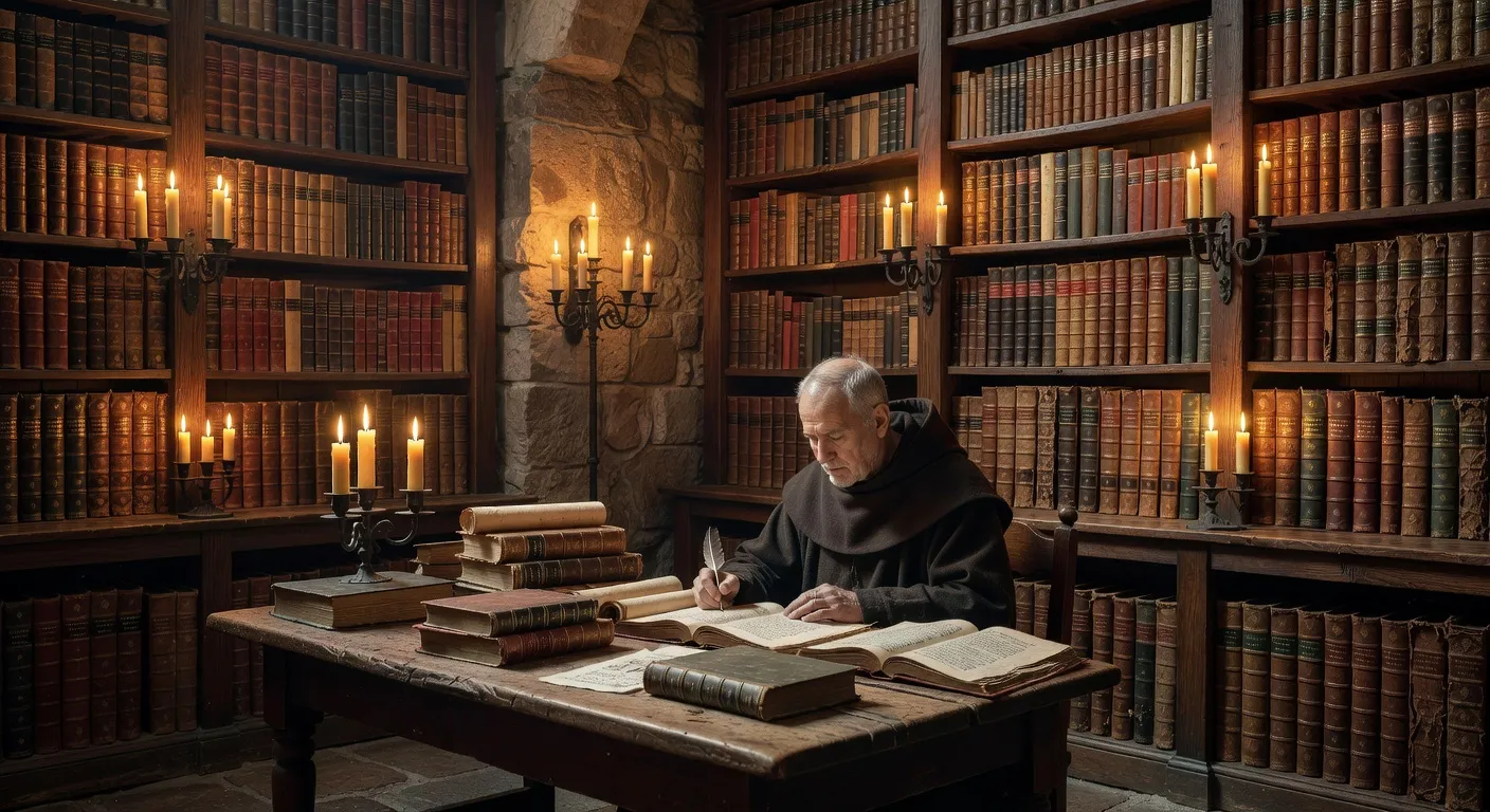 Bibliothèque ancienne avec livres de patristique latine et bréviaires