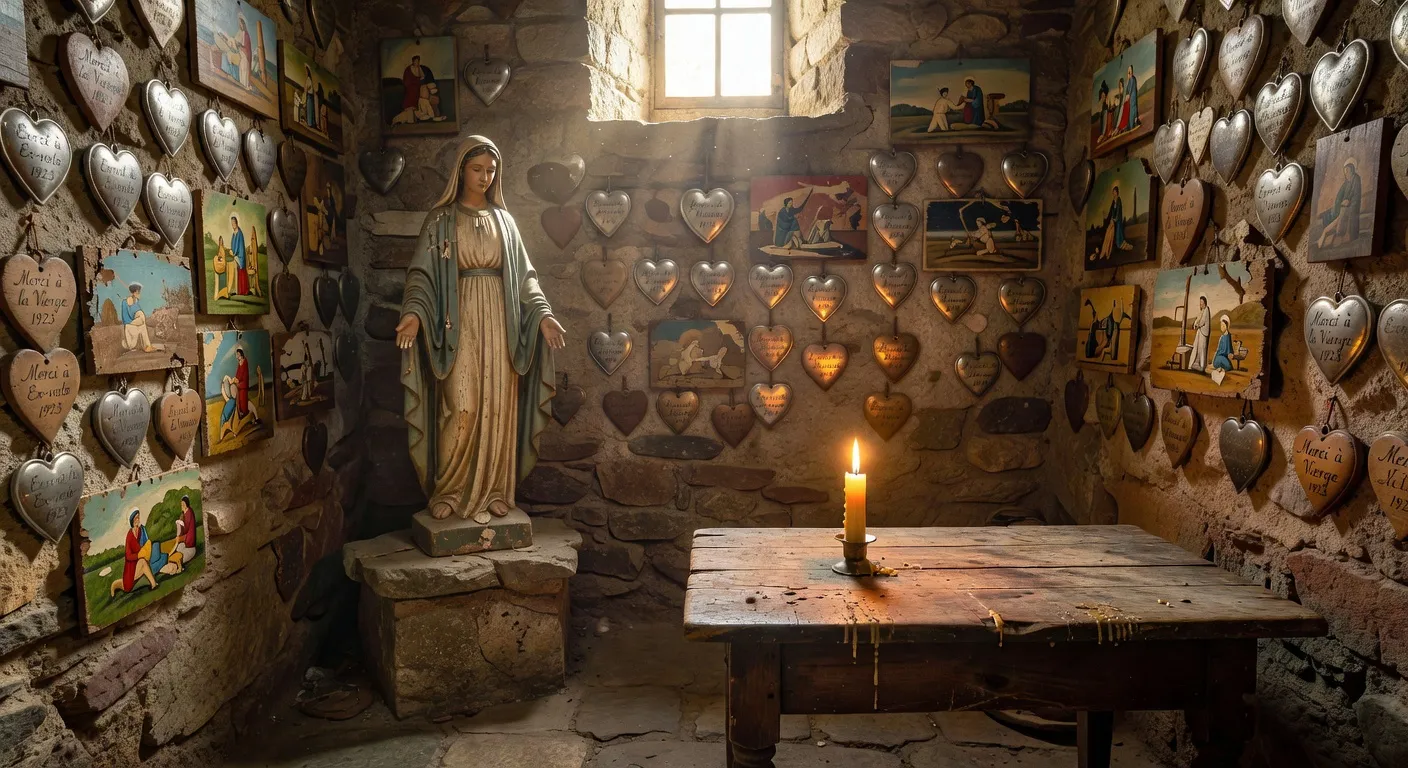 Chapelle votive rurale de Corrèze, bougies allumées, intérieur humble et authentique