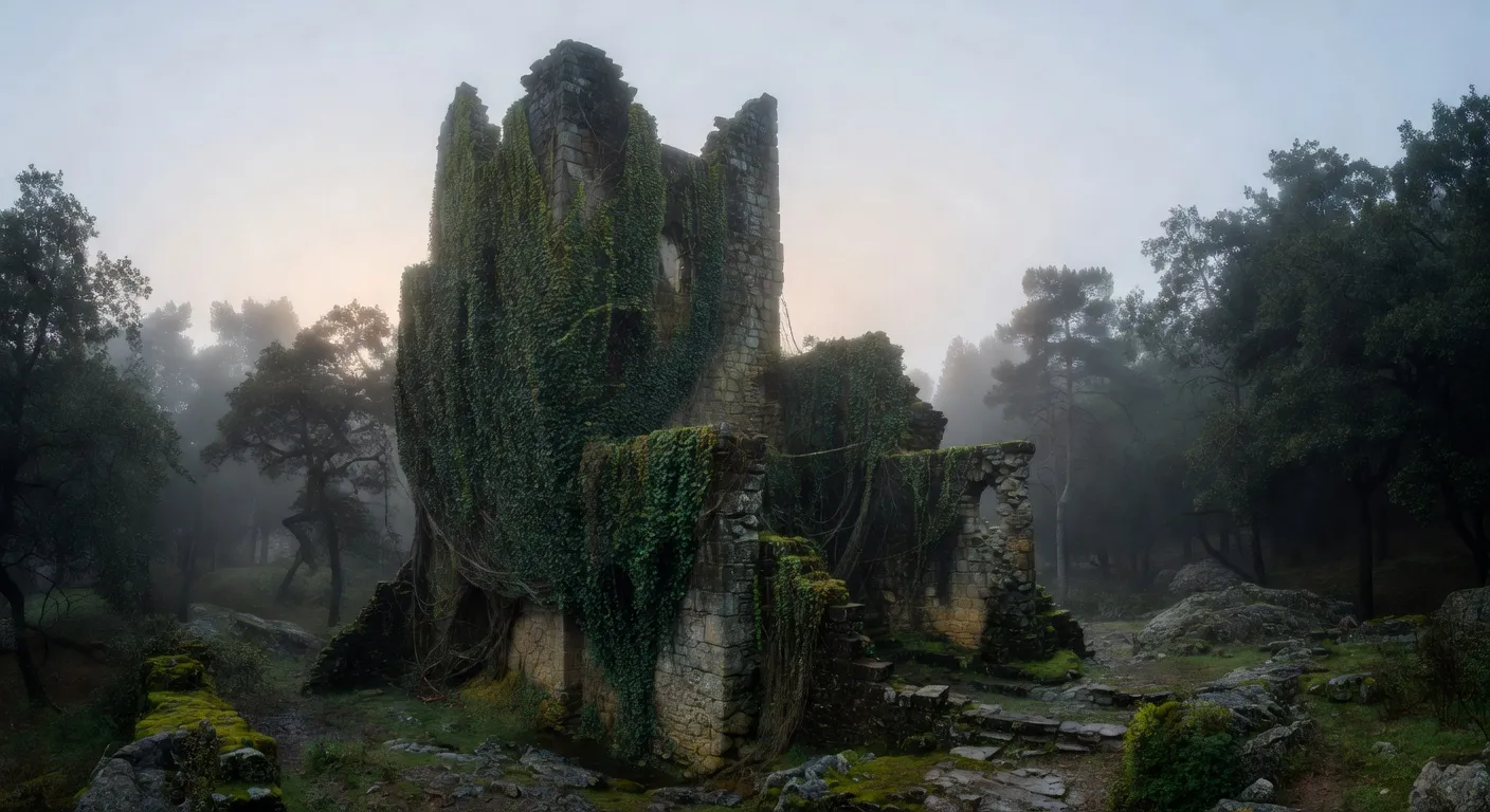 Vestiges de murs en granit du chateau medieval de Saint-Augustin dans un ecrin de verdure